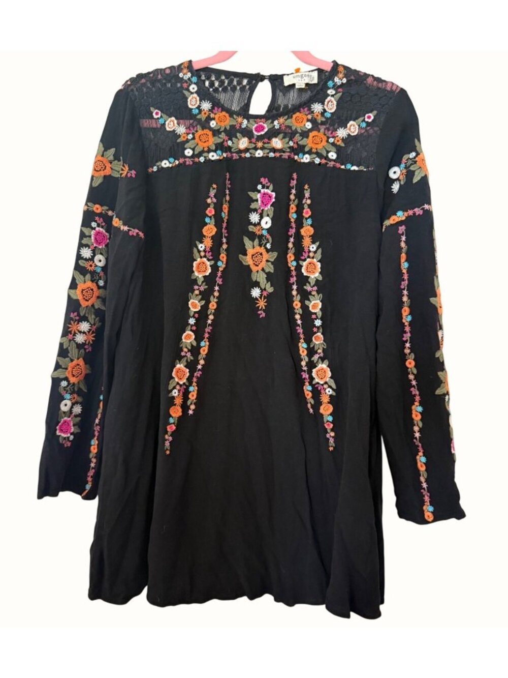 Umgee Black Boho Embroidered Babydoll Dress Long Sleeve Keyhole Back Size Large